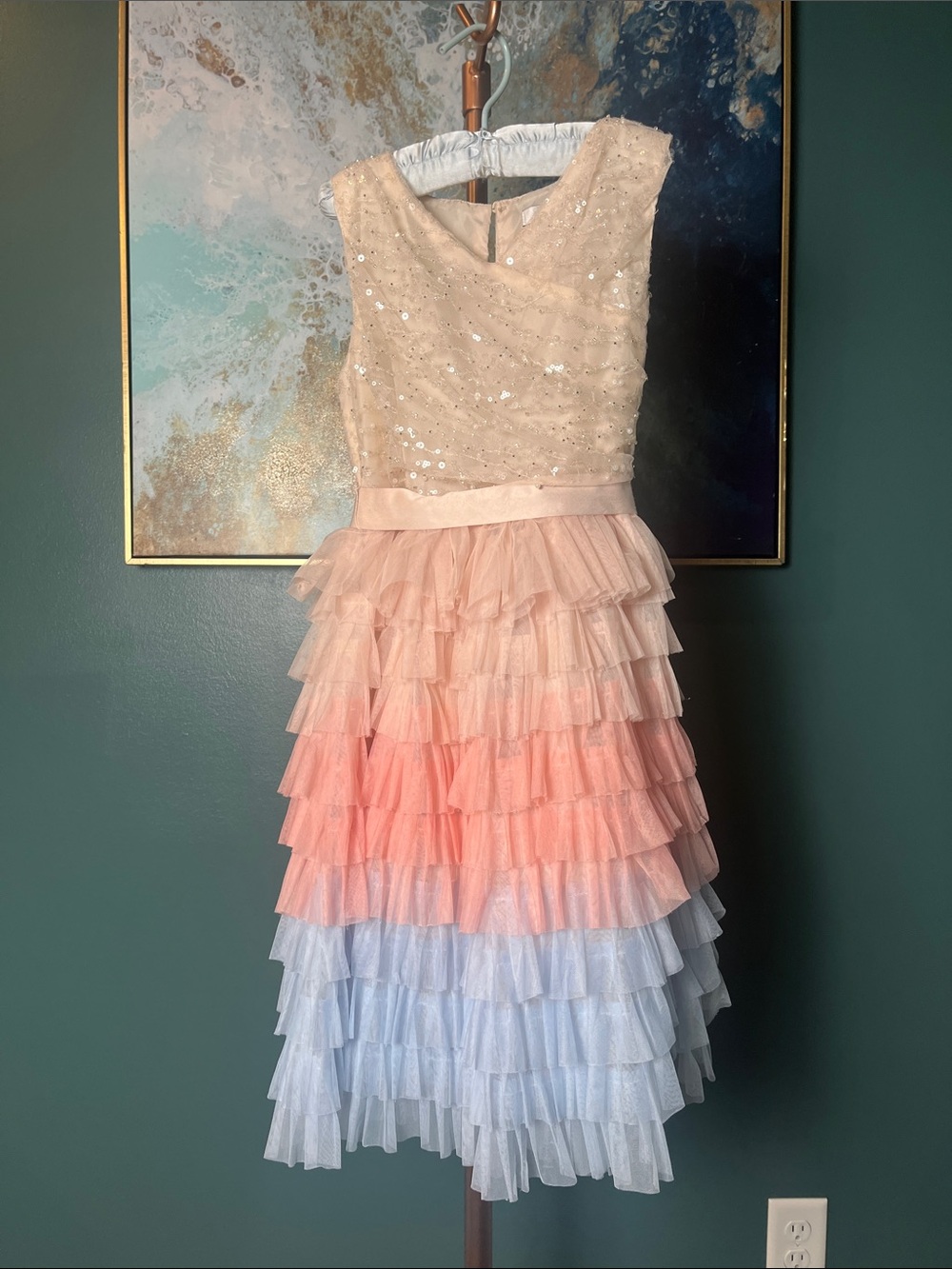 Badgley Mischka Girls Ombre Pink Tiered Tulle Party Dress with Sequin Bodice